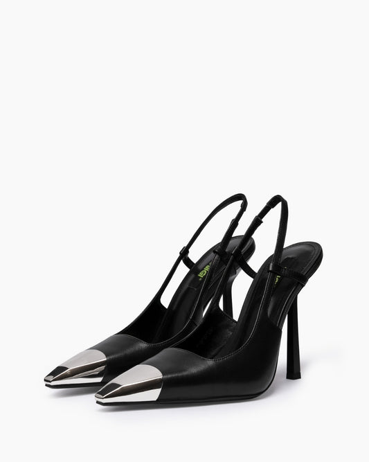 Pair of black genuine leather slingback heels with polished silver-tone pointed toe caps