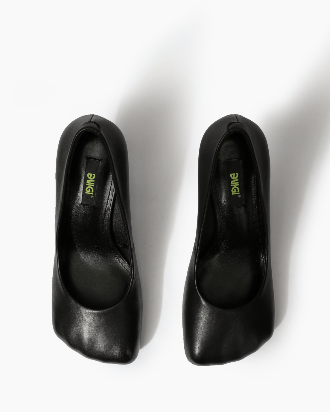 Pair of black EVIGI square-toe pumps — top view