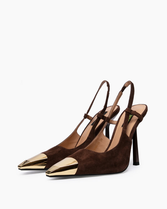Pair of brown genuine suede T-strap heels with polished gold-tone toe caps