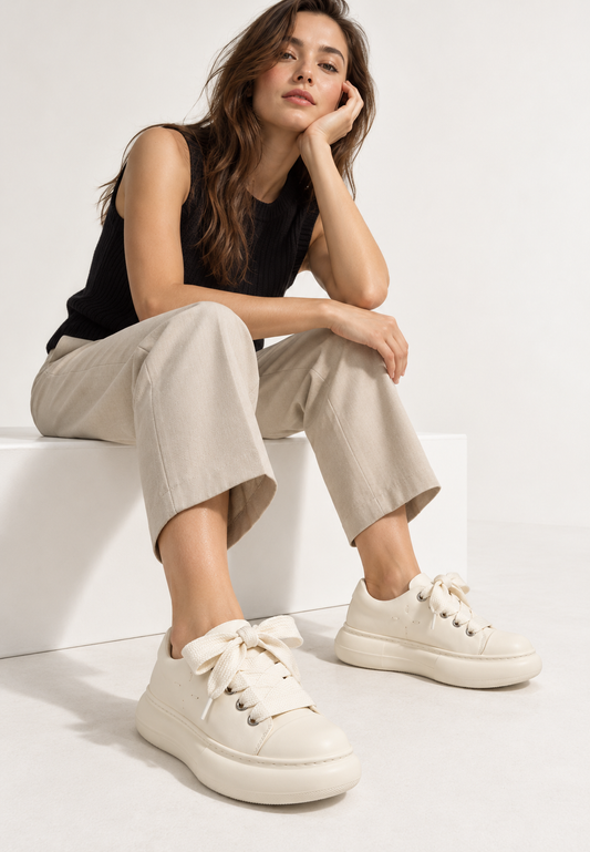 Seated model styling milky leather platform sneakers in a white studio