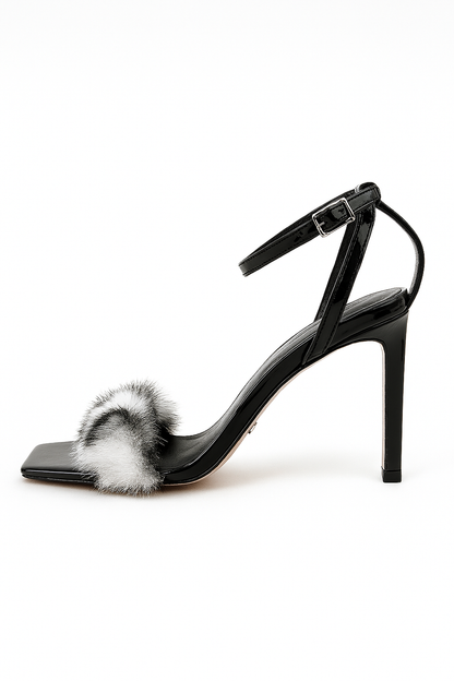 Black & White Fur Strap Heels