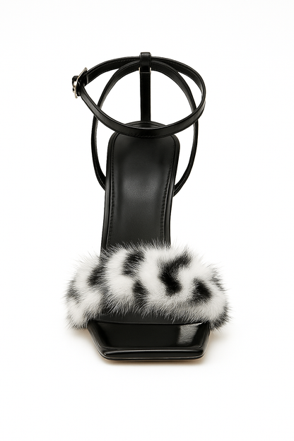 Black & White Fur Strap Heels