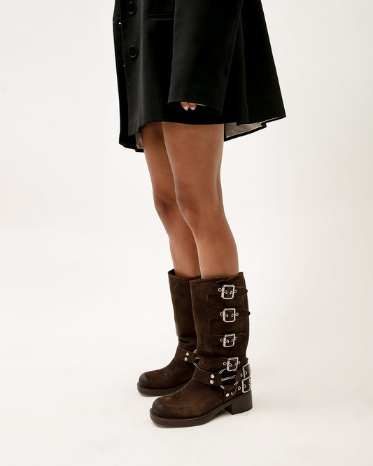 Brown Buckle Knee Boots