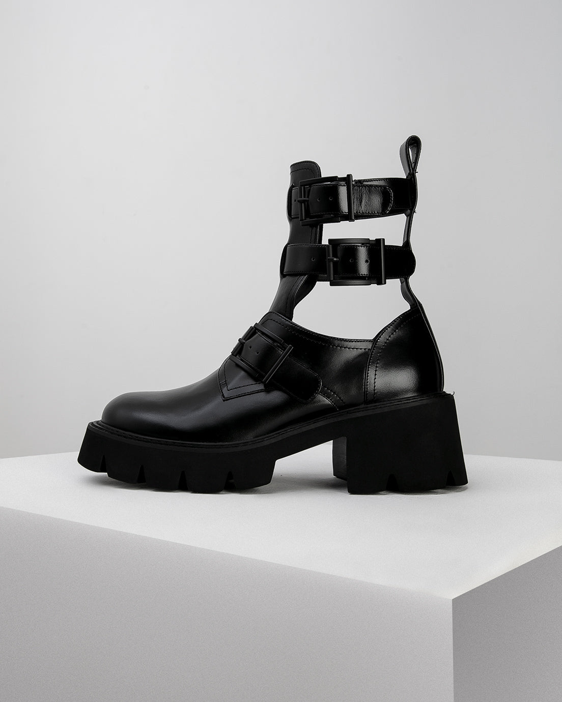 Black Cut-Out Buckle Boots