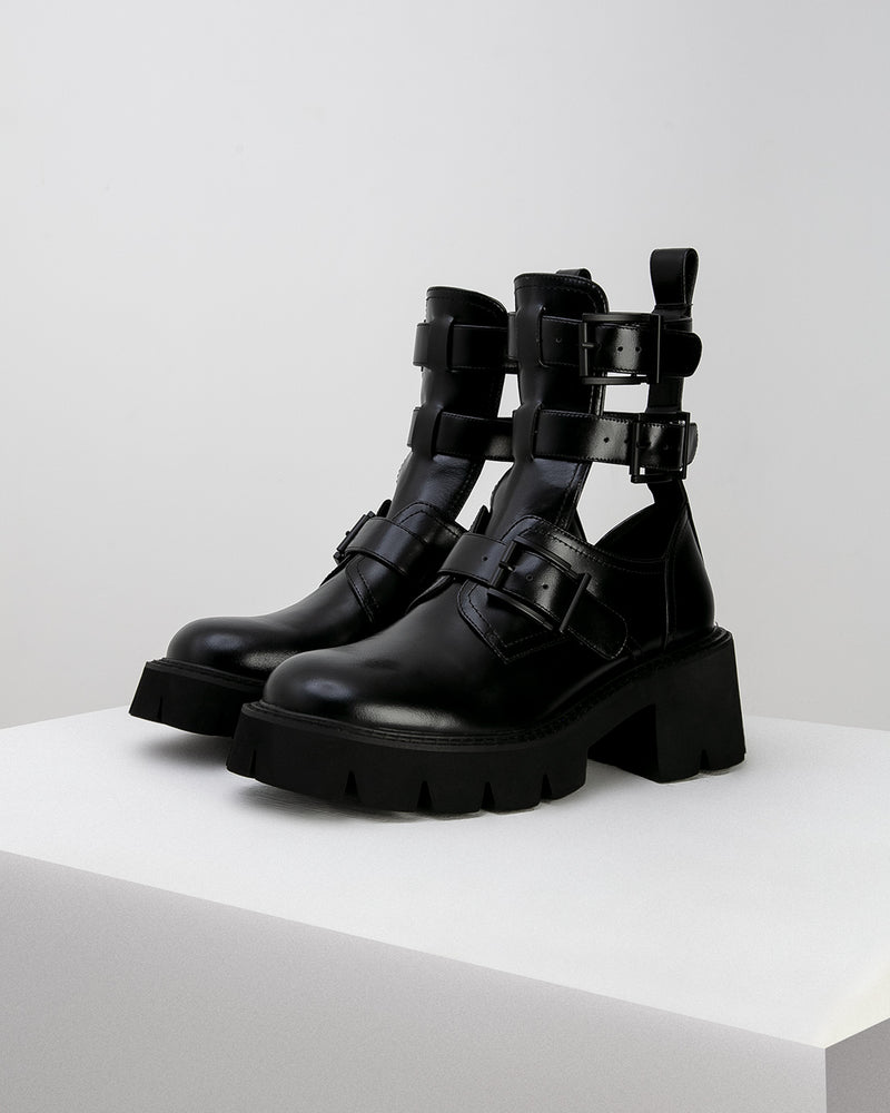 Black Cut-Out Buckle Boots