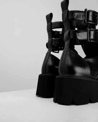 Black Cut-Out Buckle Boots
