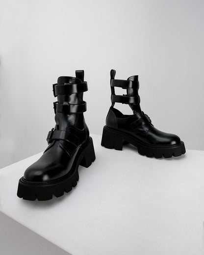 Black Cut-Out Buckle Boots