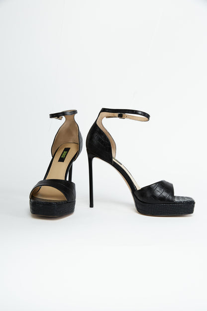 Black Croc-Effect Platform Heels