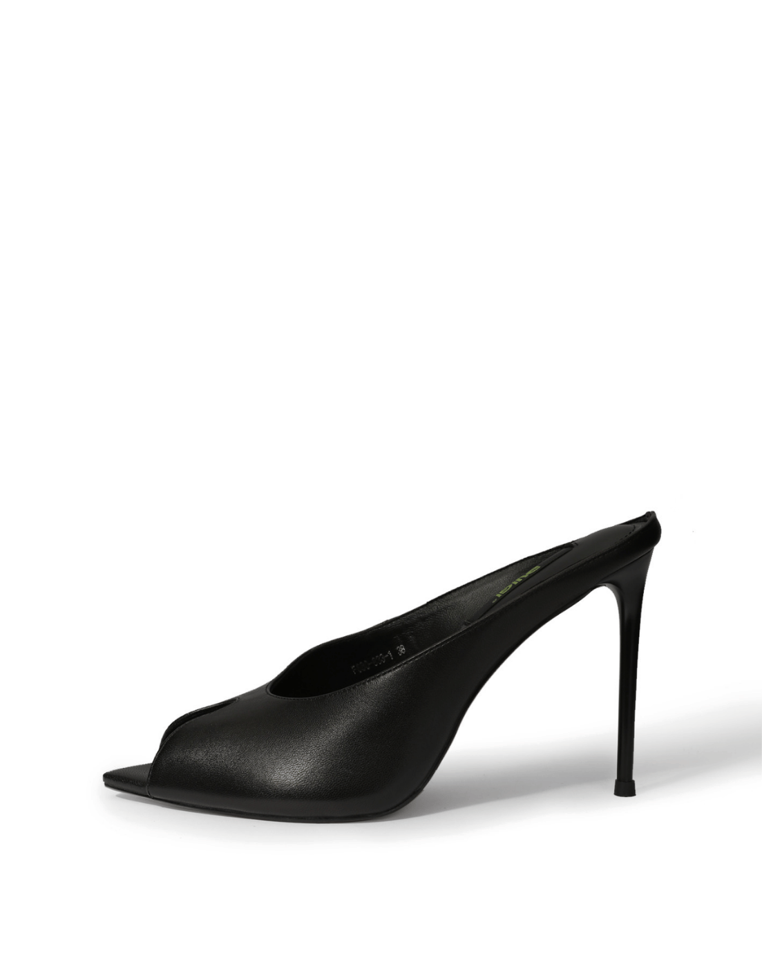Black genuine leather peep-toe stiletto mule side view