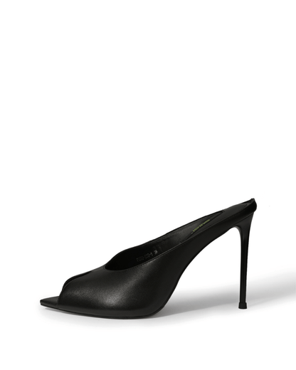 Black genuine leather peep-toe stiletto mule side view