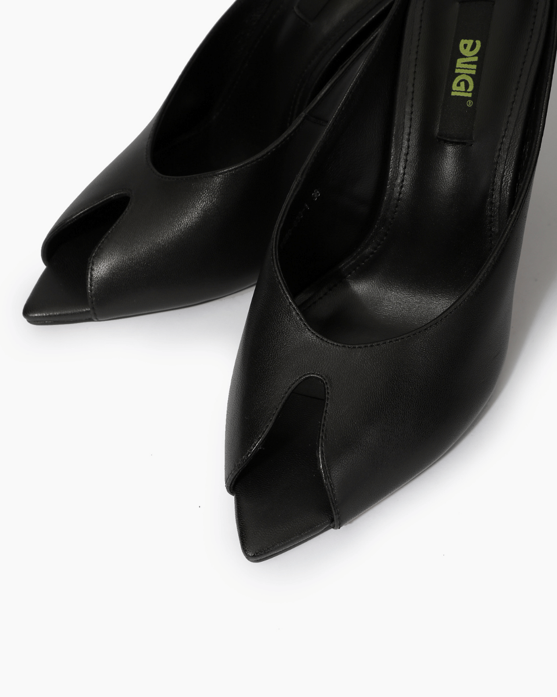 Close-up of angular peep-toe leather mule