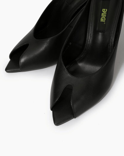 Close-up of angular peep-toe leather mule