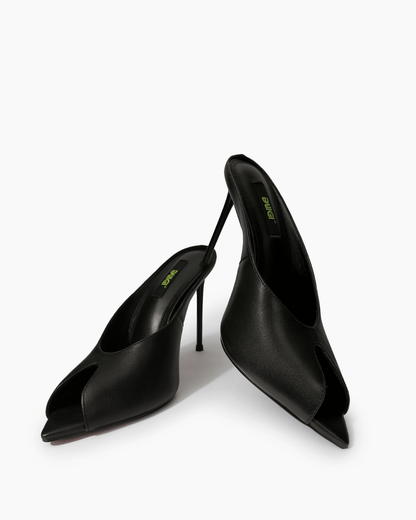 Black open-back leather mules front view