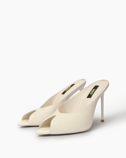 Pair of ivory genuine leather stiletto mules