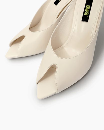 Close-up of ivory angular peep-toe leather mule