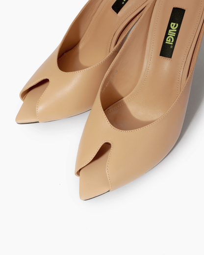 Close-up of nude beige angular peep-toe mule