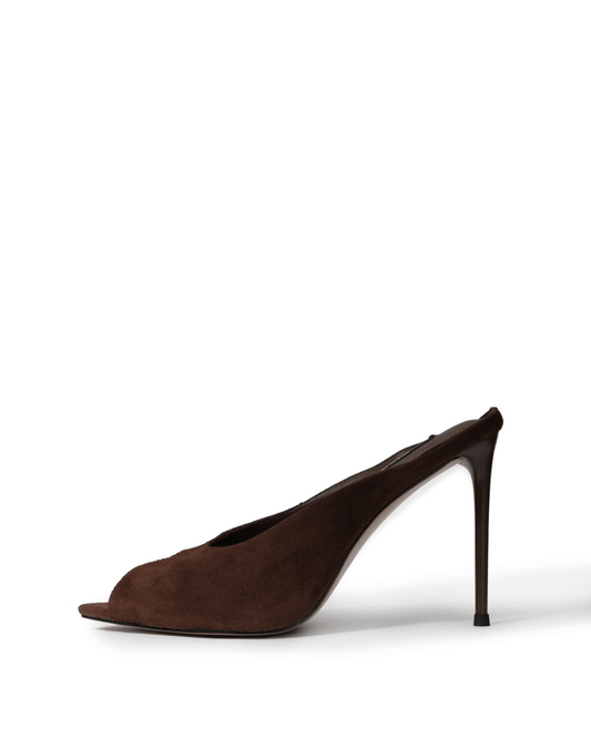 Dark chocolate genuine suede peep-toe stiletto mule side view