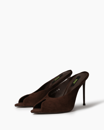 Pair of dark chocolate genuine suede stiletto mules