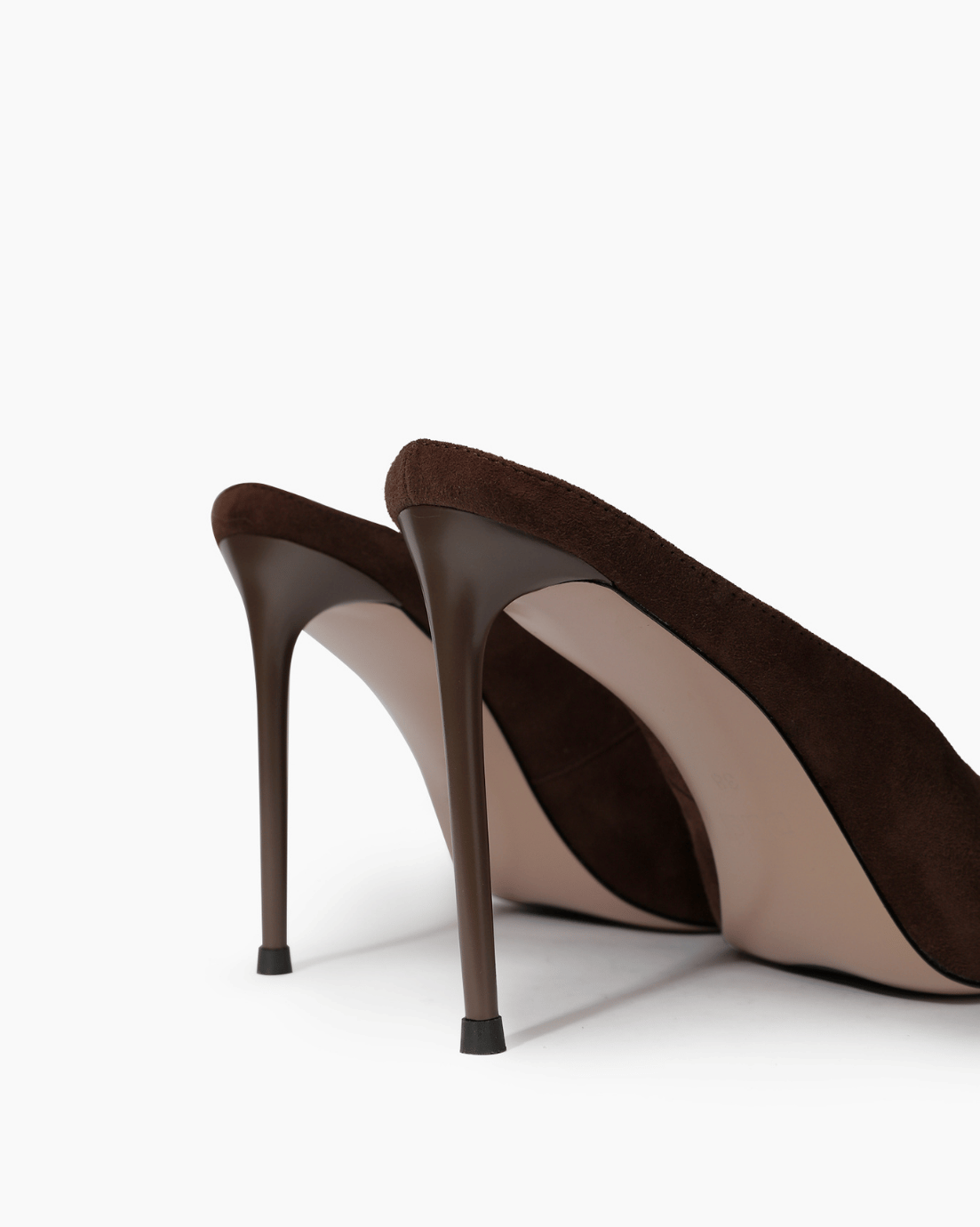 Dark chocolate stiletto mule heel and black heel-tip detail