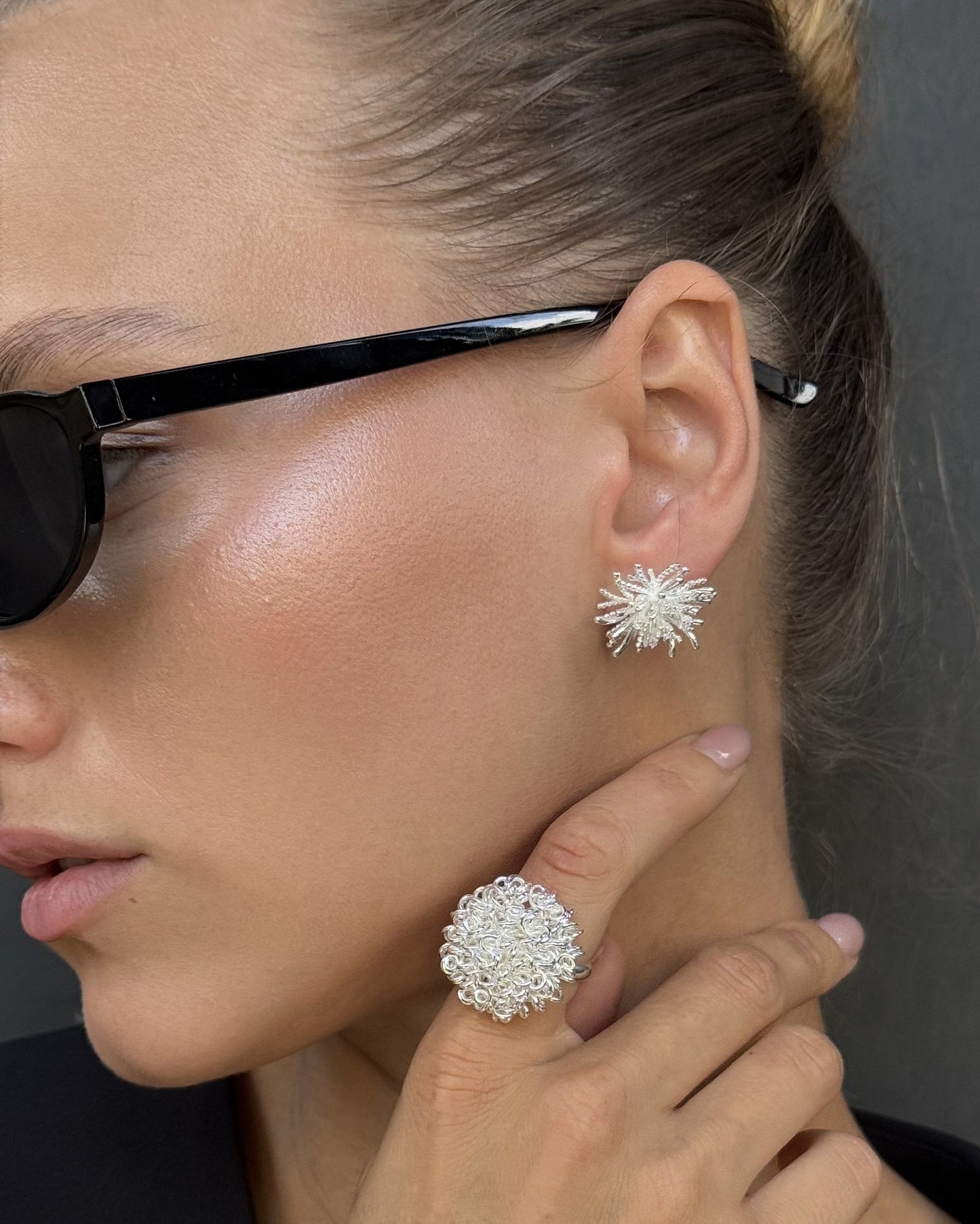 Starburst Textured Stud Silver Earrings