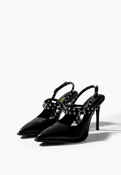 Pair of black pointed slingback heels with crystal straps