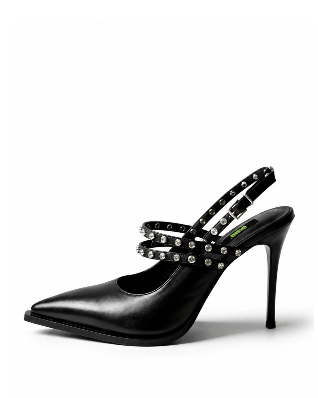 Black leather crystal-strap slingback heels with pointed toe, side view