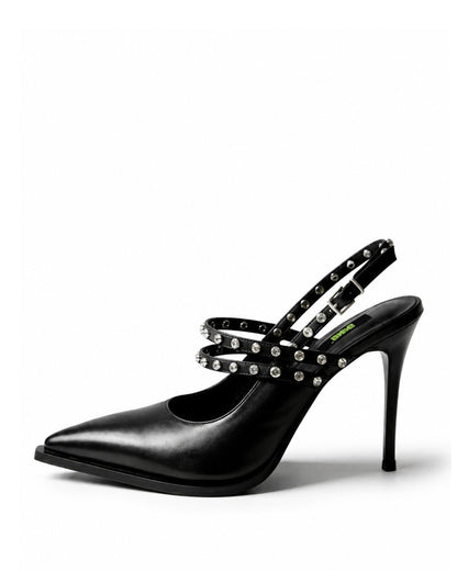 Black leather crystal-strap slingback heels with pointed toe, side view