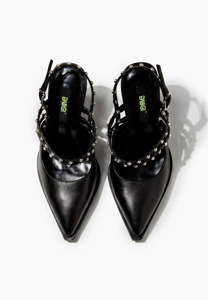 Top view of black leather pointed heels with crystal-set straps