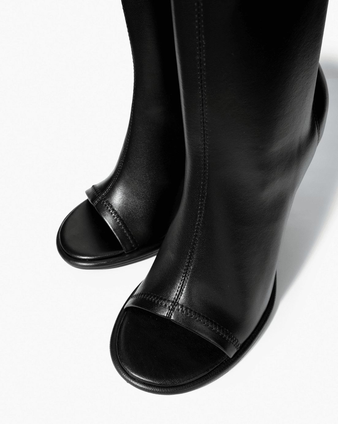 Black stretch microfiber knee boots with open-toe detail