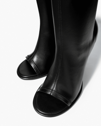 Black stretch microfiber knee boots with open-toe detail