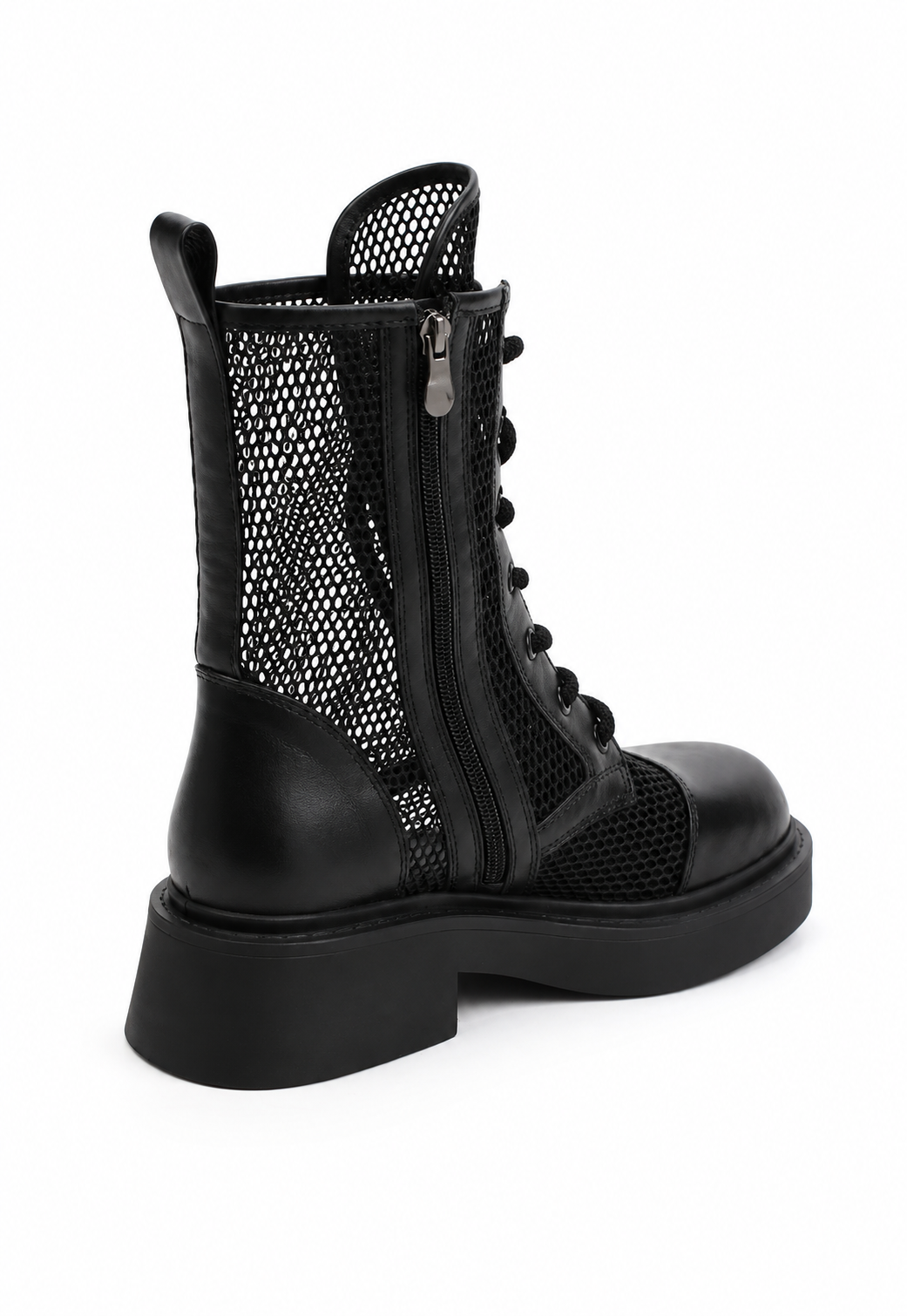 Rear side view of black leather mesh combat boot showing side zip, pull tab and block heel