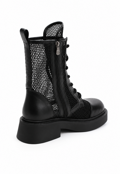 Rear side view of black leather mesh combat boot showing side zip, pull tab and block heel