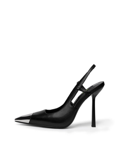 Black leather slingback heel with silver-tone metal pointed toe and slim high heel, side profile