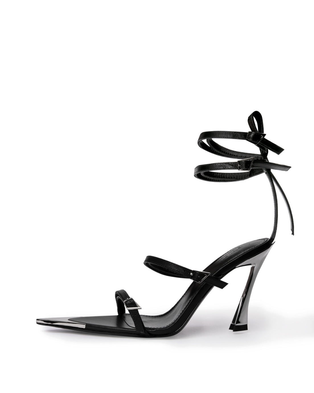 Black leather wraparound heel with mirrored pointed toe cap and sculptural high heel, side profile