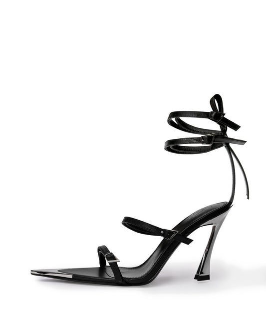 Black leather wraparound heel with mirrored pointed toe cap and sculptural high heel, side profile