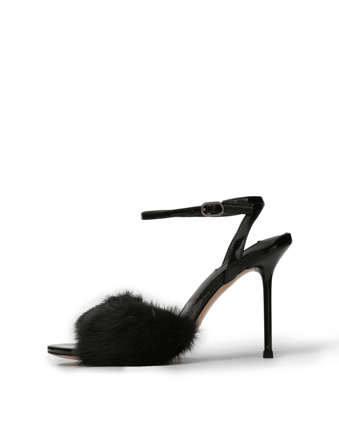 Black natural fur and leather ankle-strap stiletto sandals, side view