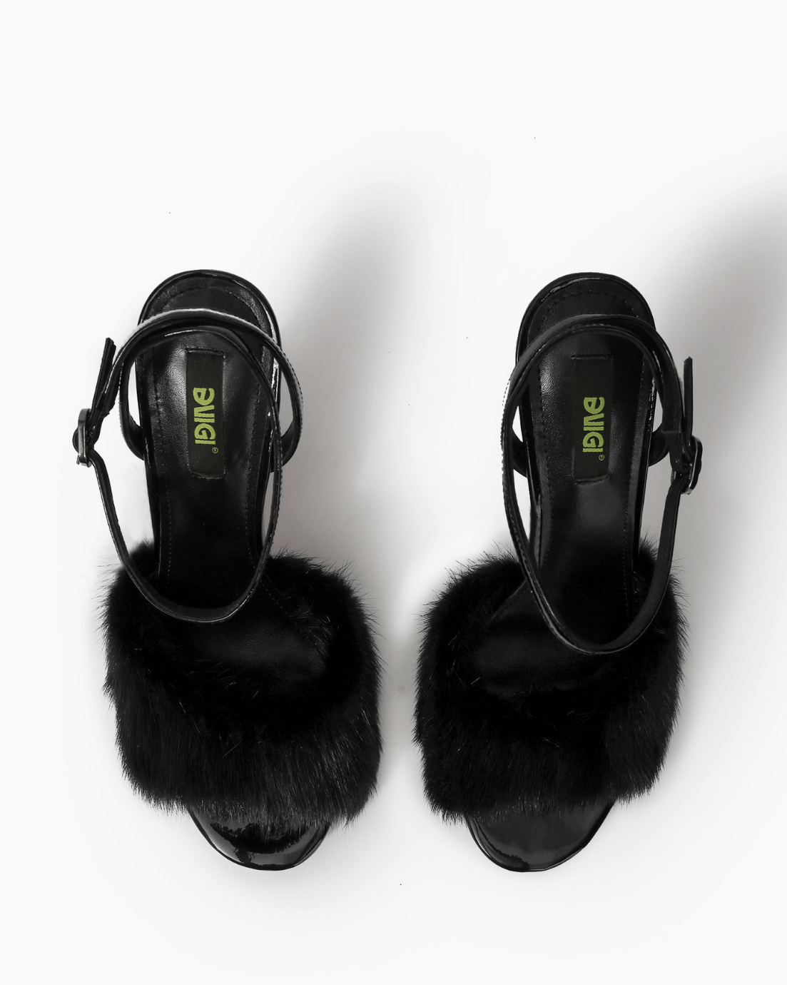 Black natural fur and leather high heel sandals, top view