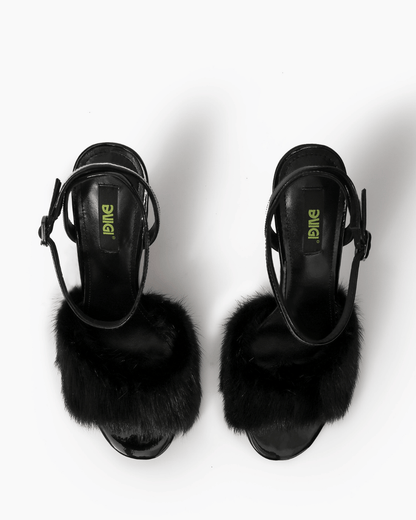 Black natural fur and leather high heel sandals, top view