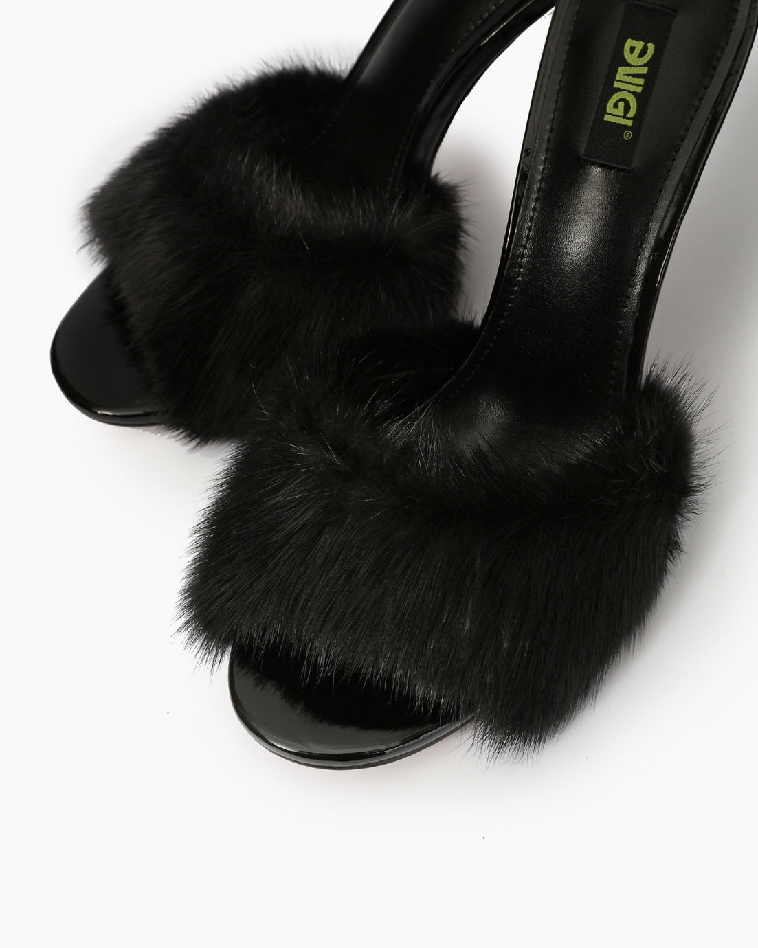 Black natural fur mule heels, texture detail