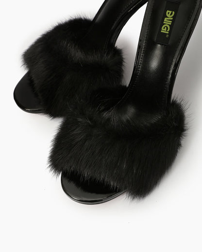 Black natural fur mule heels, texture detail