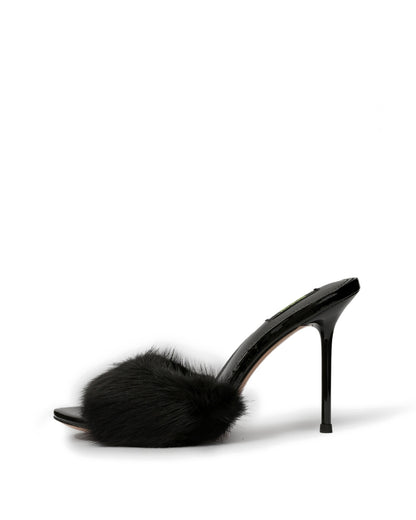 Black natural fur stiletto mules, side view