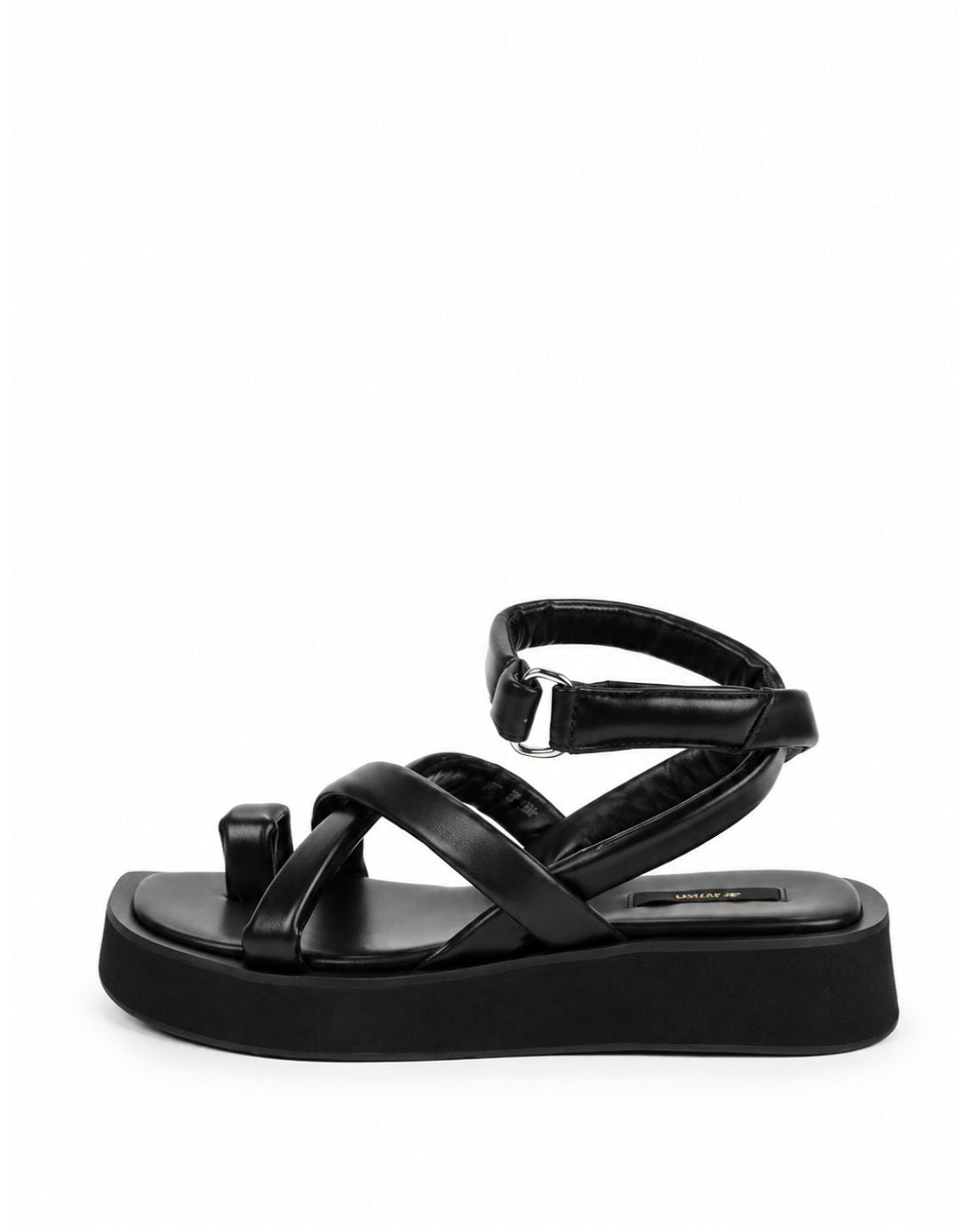 Black leather toe-loop platform sandal with padded crossover straps and ankle wrap, side profile