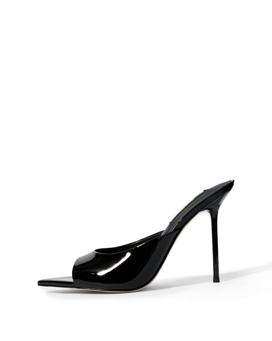 Black genuine patent leather open-toe stiletto mules, side view