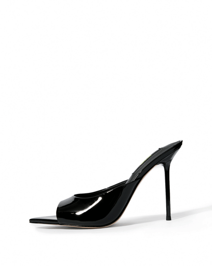 Black genuine patent leather open-toe stiletto mules, side view