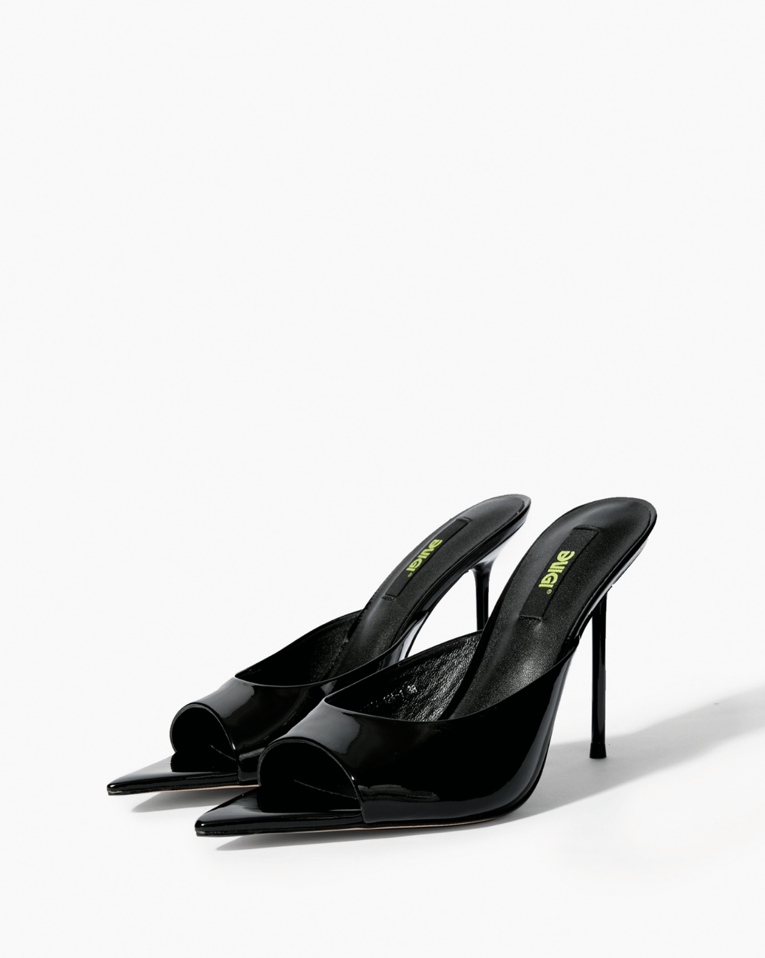 Pair of black genuine patent leather pointed-footbed mules