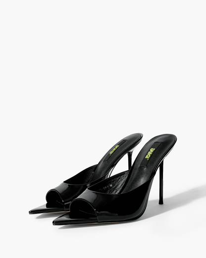 Pair of black genuine patent leather pointed-footbed mules