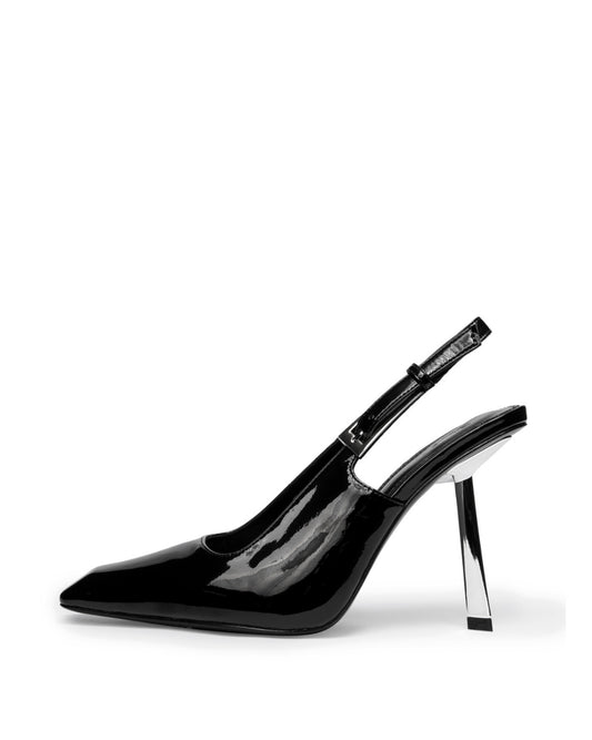 Black patent leather slingback heel with an elongated square toe and transparent geometric heel, side profile