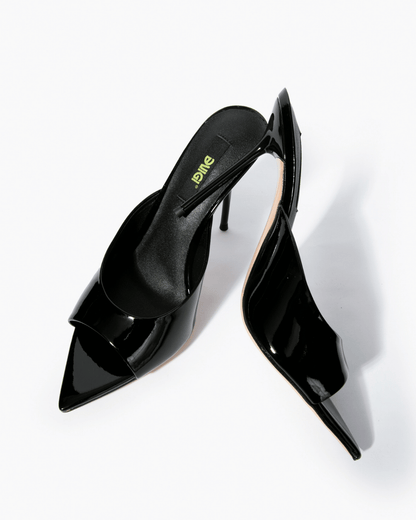 Black patent leather stiletto mules, top view