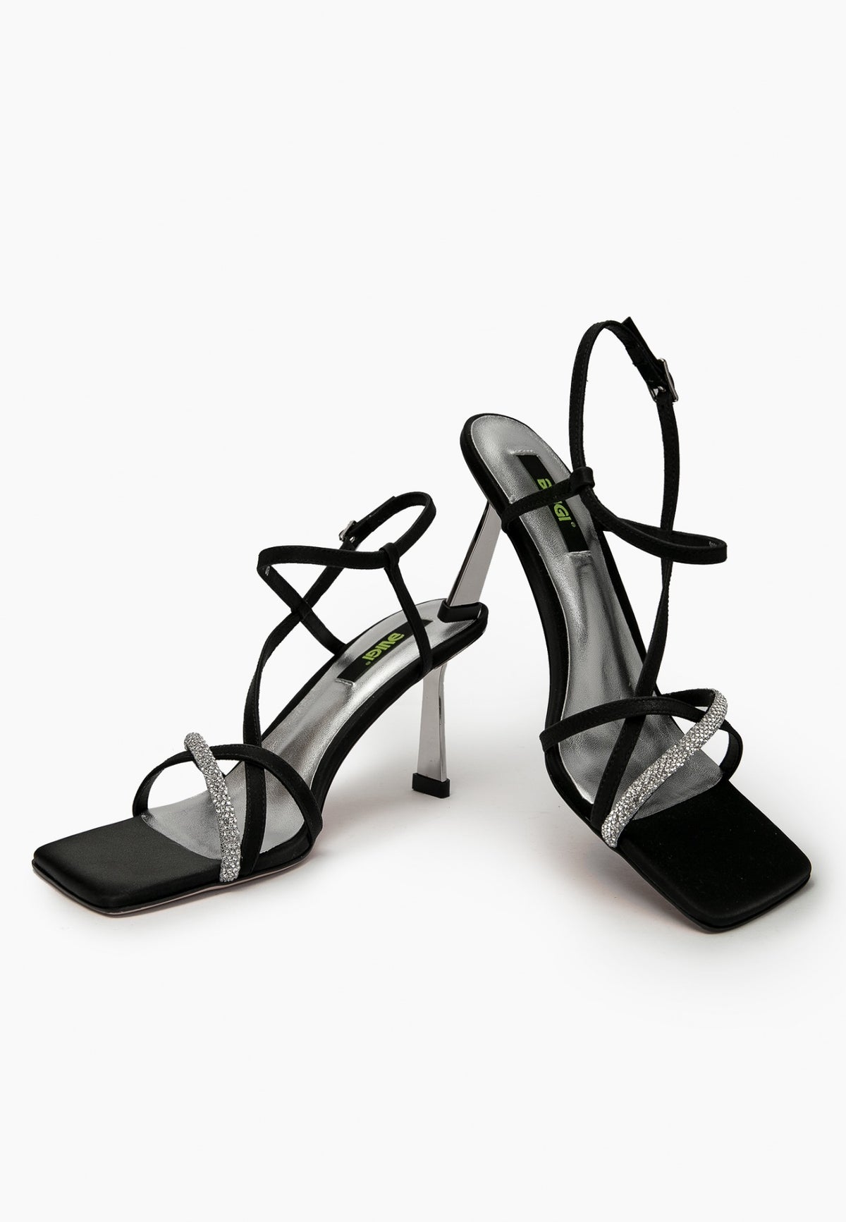 Black satin glitter-strap heels, front three-quarter view