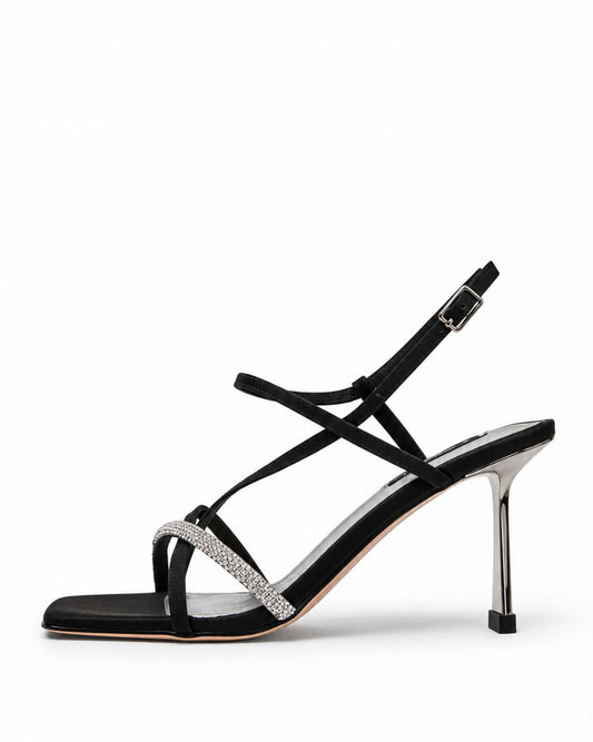 Black satin glitter-strap heels, side view